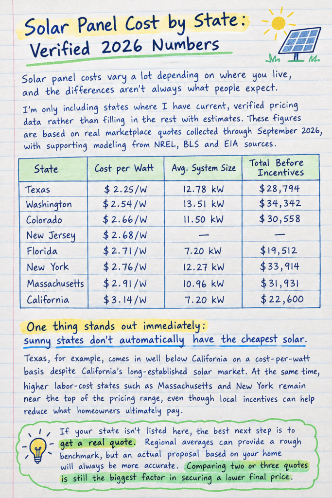 Solar panel cost by state verified 2026 numbers